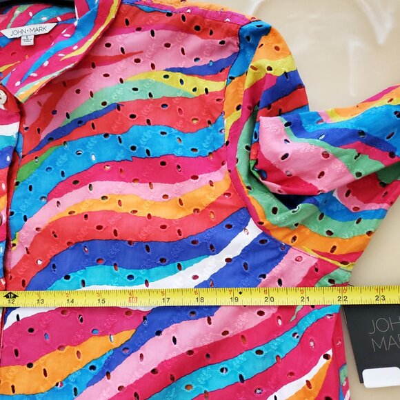 John Mark Eyelet Embroidered Watercolor Roll-Tab Sleeve Button Front Top Large - Picture 11 of 14